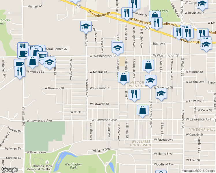 map of restaurants, bars, coffee shops, grocery stores, and more near 1231 West Governor Street in Springfield