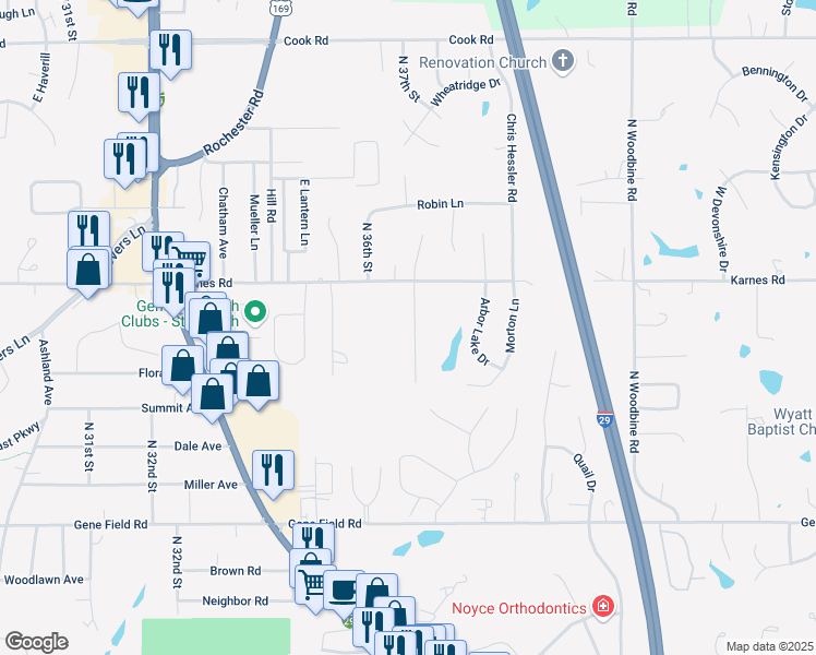 map of restaurants, bars, coffee shops, grocery stores, and more near 3122 North 36th Terrace in Saint Joseph