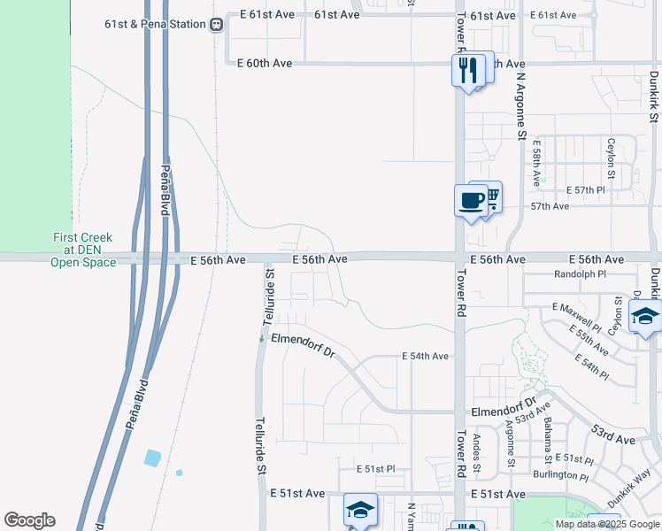 map of restaurants, bars, coffee shops, grocery stores, and more near 17900 East 56th Avenue in Denver