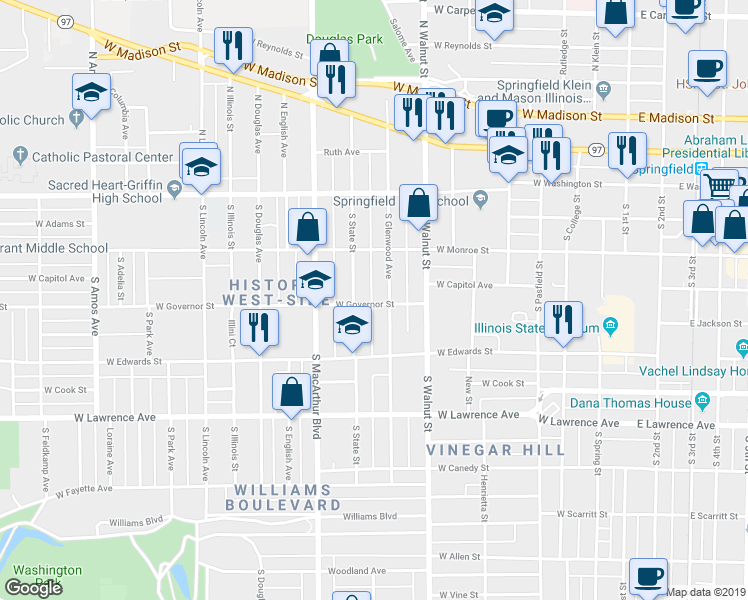 map of restaurants, bars, coffee shops, grocery stores, and more near 811 West Governor Street in Springfield