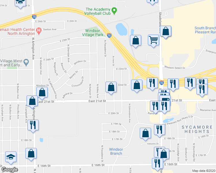 map of restaurants, bars, coffee shops, grocery stores, and more near 2185 North Pasadena Street in Indianapolis