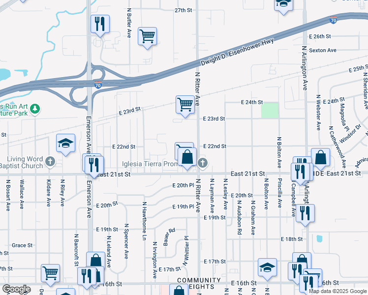 map of restaurants, bars, coffee shops, grocery stores, and more near 2150 North Ritter Avenue in Indianapolis