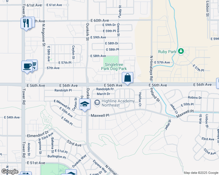 map of restaurants, bars, coffee shops, grocery stores, and more near 19507 Randolph Place in Denver