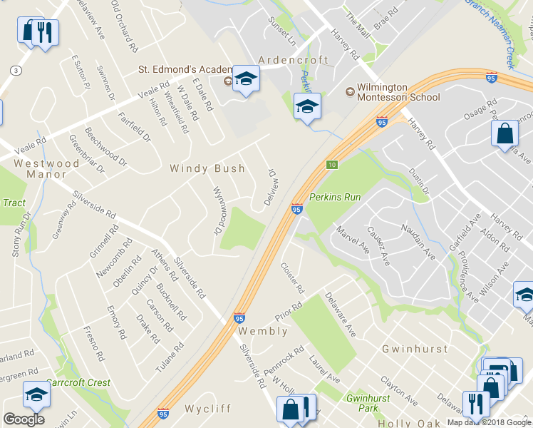 map of restaurants, bars, coffee shops, grocery stores, and more near 110 Delview Drive in Wilmington