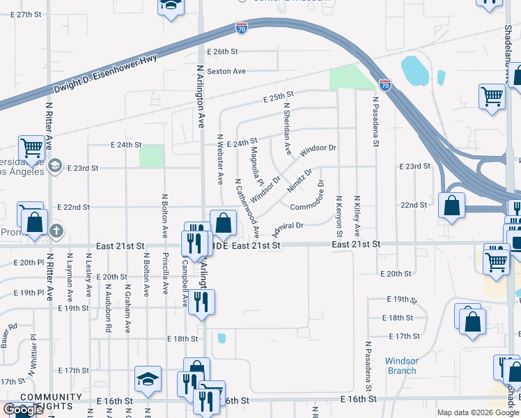 map of restaurants, bars, coffee shops, grocery stores, and more near 6112 Nimitz Drive in Indianapolis