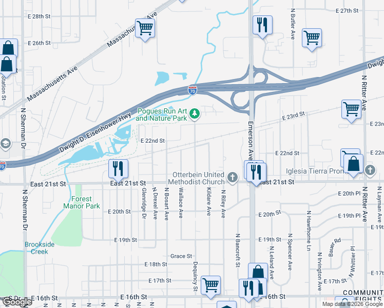 map of restaurants, bars, coffee shops, grocery stores, and more near 2165 Dequincy Street in Indianapolis