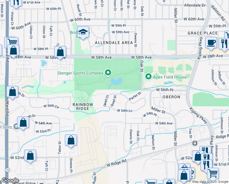 map of restaurants, bars, coffee shops, grocery stores, and more near 11197 West 55th Lane in Arvada