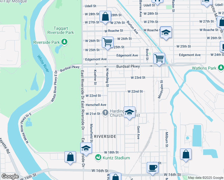 map of restaurants, bars, coffee shops, grocery stores, and more near 1362 West 22nd Street in Indianapolis