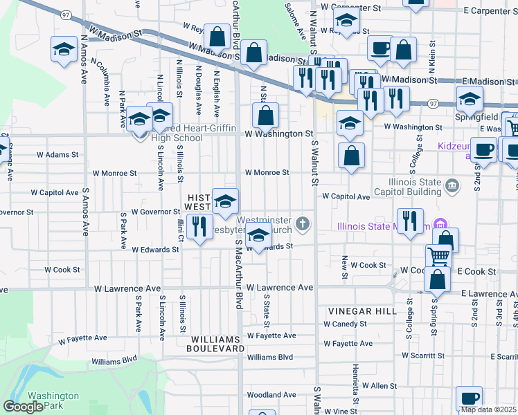 map of restaurants, bars, coffee shops, grocery stores, and more near 435 South State Street in Springfield