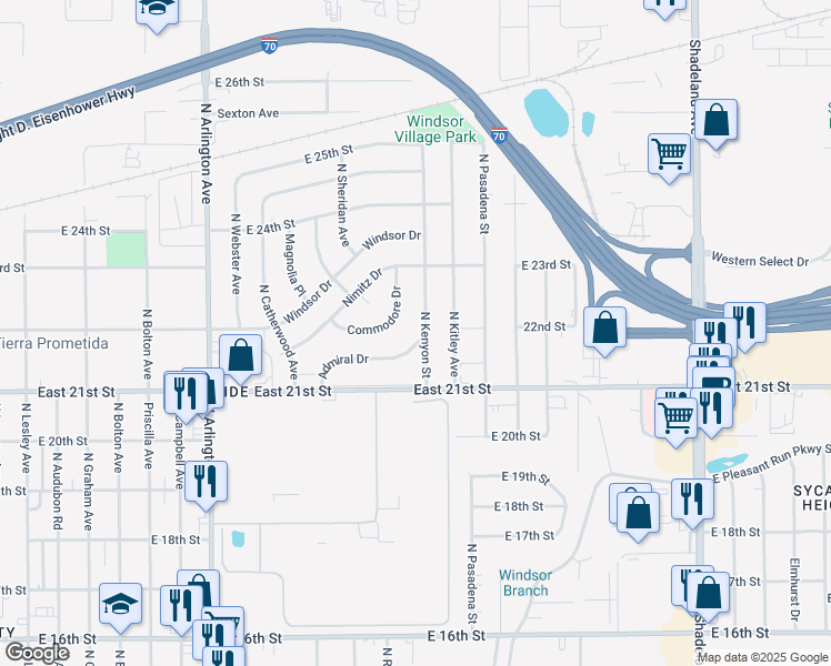 map of restaurants, bars, coffee shops, grocery stores, and more near 2258 Admiral Drive in Indianapolis