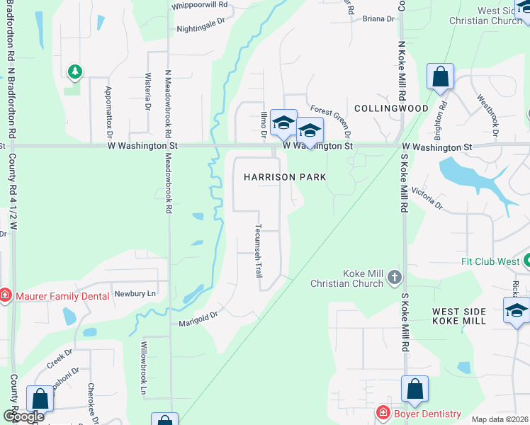 map of restaurants, bars, coffee shops, grocery stores, and more near 404 Tecumseh Trail in Springfield