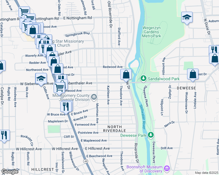 map of restaurants, bars, coffee shops, grocery stores, and more near 3612 Kathleen Avenue in Dayton