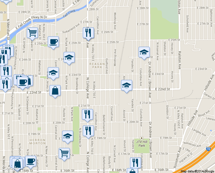 map of restaurants, bars, coffee shops, grocery stores, and more near 2210 Bellefontaine Street in Indianapolis