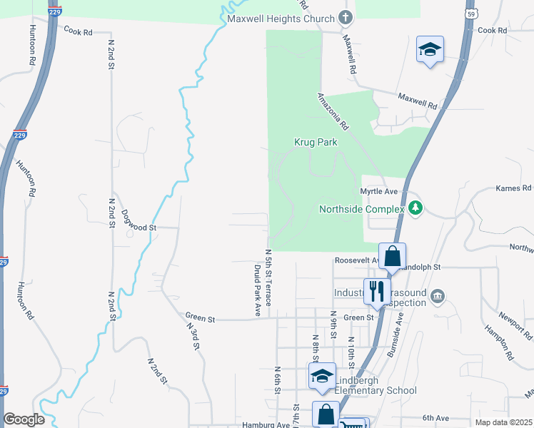 map of restaurants, bars, coffee shops, grocery stores, and more near Magnolia Avenue in Saint Joseph