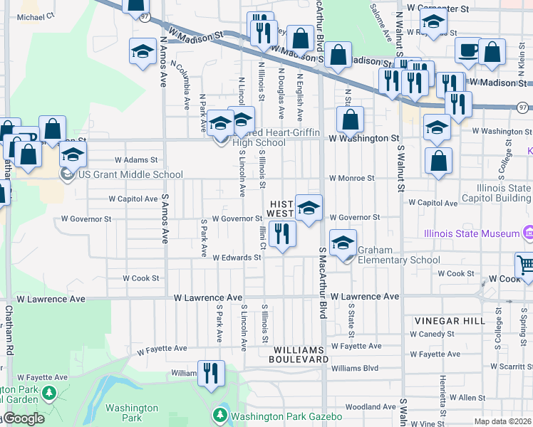 map of restaurants, bars, coffee shops, grocery stores, and more near 1125 1/2 West Governor Street in Springfield