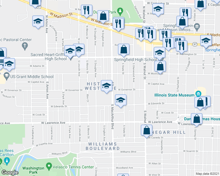 map of restaurants, bars, coffee shops, grocery stores, and more near 413 South MacArthur Boulevard in Springfield