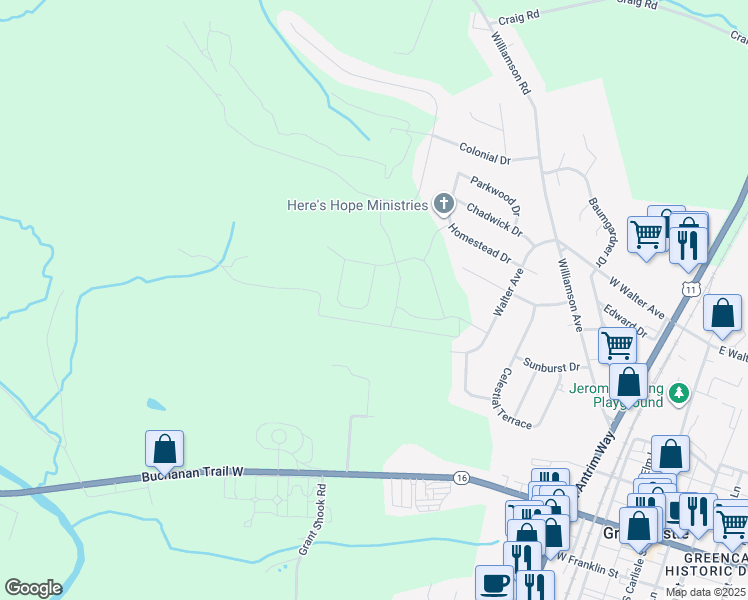 map of restaurants, bars, coffee shops, grocery stores, and more near 586 Rossi Drive in Greencastle