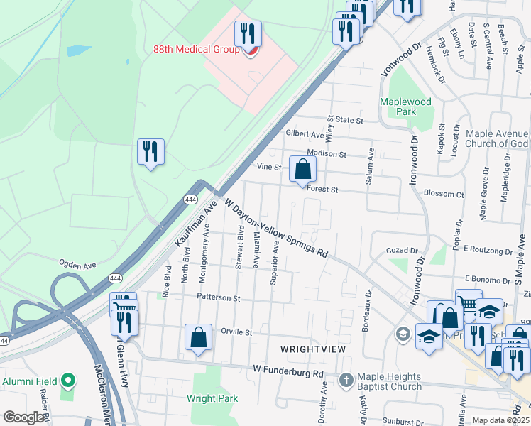 map of restaurants, bars, coffee shops, grocery stores, and more near 1544 Miami Ave in Fairborn