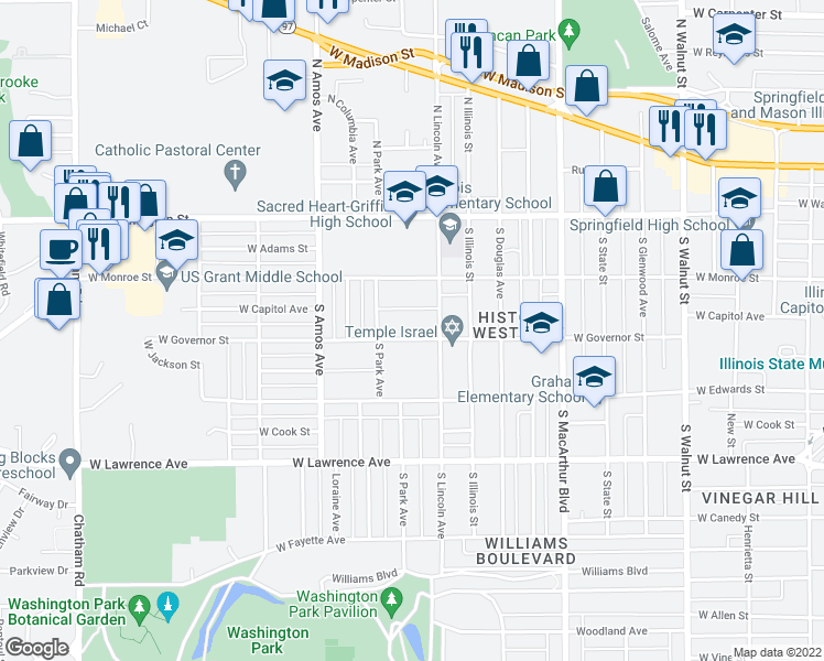 map of restaurants, bars, coffee shops, grocery stores, and more near 1221 West Governor Street in Springfield