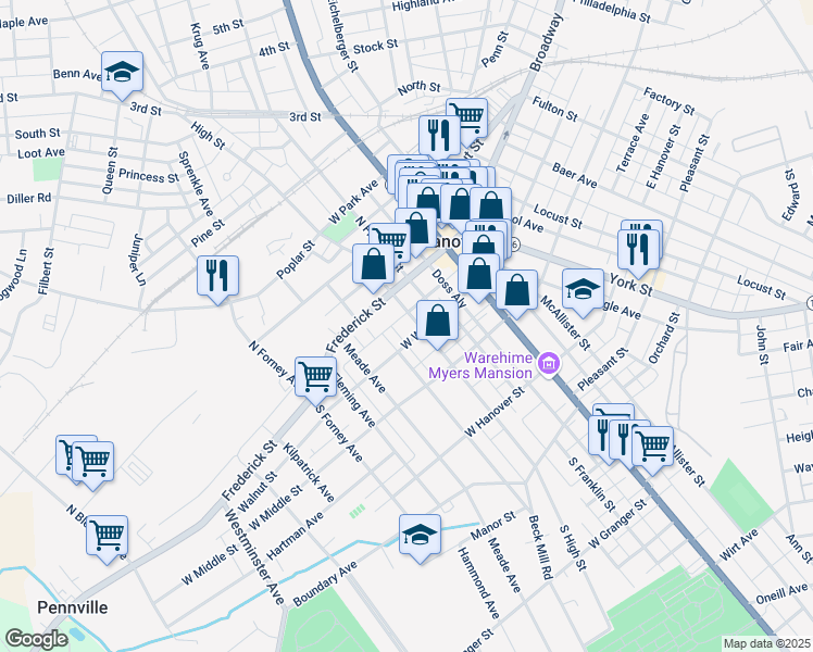map of restaurants, bars, coffee shops, grocery stores, and more near 21 Centennial Avenue in Hanover