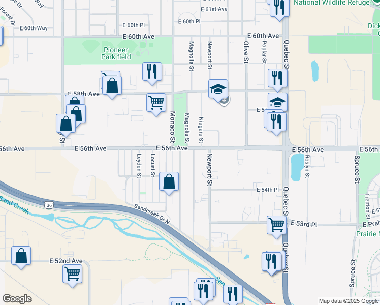 map of restaurants, bars, coffee shops, grocery stores, and more near 6620 East 56th Avenue in Commerce City