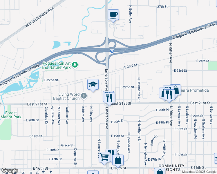 map of restaurants, bars, coffee shops, grocery stores, and more near 2203 North Emerson Avenue in Indianapolis