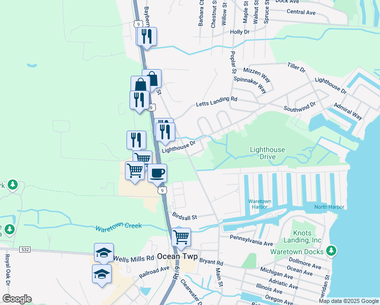 map of restaurants, bars, coffee shops, grocery stores, and more near 146 Main Street in Ocean Township