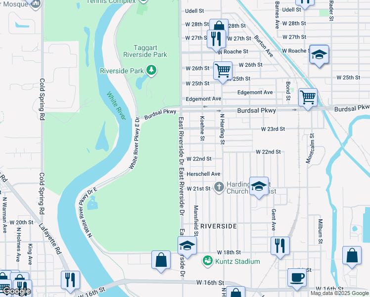 map of restaurants, bars, coffee shops, grocery stores, and more near 2207 East Riverside Drive in Indianapolis