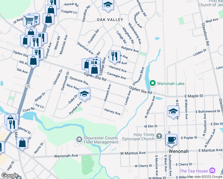 map of restaurants, bars, coffee shops, grocery stores, and more near 711 Howard Avenue in Wenonah