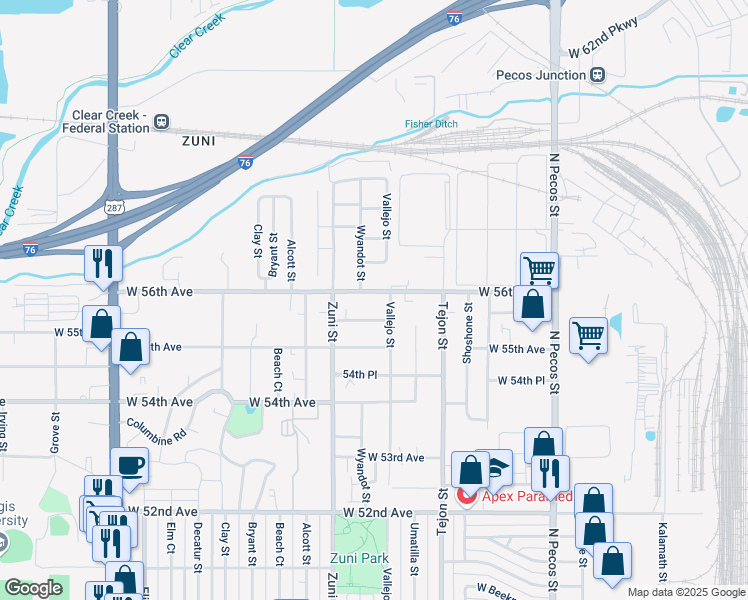 map of restaurants, bars, coffee shops, grocery stores, and more near 2200 West 56th Avenue in Denver