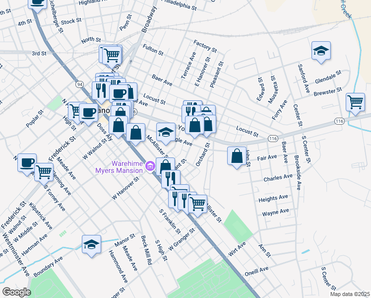 map of restaurants, bars, coffee shops, grocery stores, and more near 87 Orchard Street in Hanover