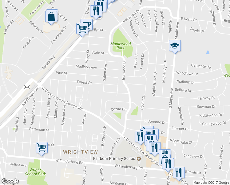map of restaurants, bars, coffee shops, grocery stores, and more near 149 Oak Street in Fairborn