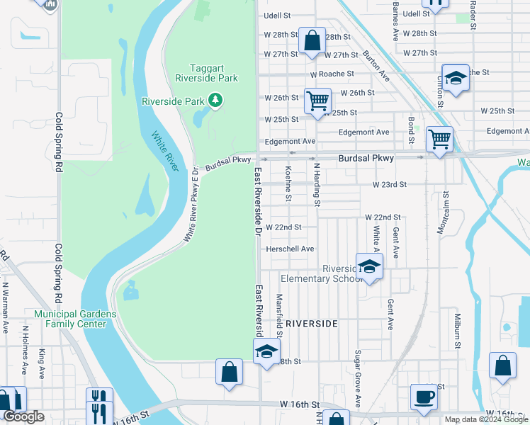 map of restaurants, bars, coffee shops, grocery stores, and more near 1517 West Pruitt Street in Indianapolis