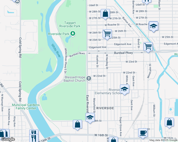 map of restaurants, bars, coffee shops, grocery stores, and more near 2207 East Riverside Drive in Indianapolis