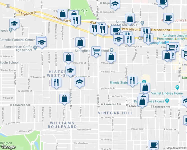 map of restaurants, bars, coffee shops, grocery stores, and more near 709 West Governor Street in Springfield