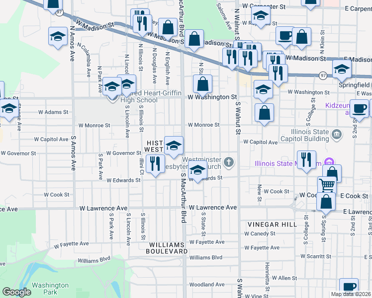 map of restaurants, bars, coffee shops, grocery stores, and more near 413 South MacArthur Boulevard in Springfield