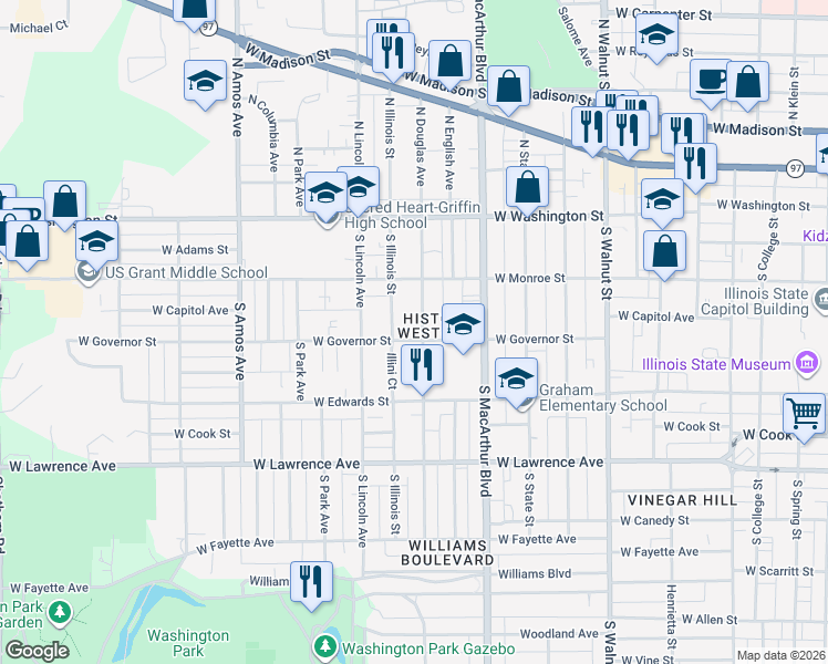 map of restaurants, bars, coffee shops, grocery stores, and more near 1125 1/2 West Governor Street in Springfield