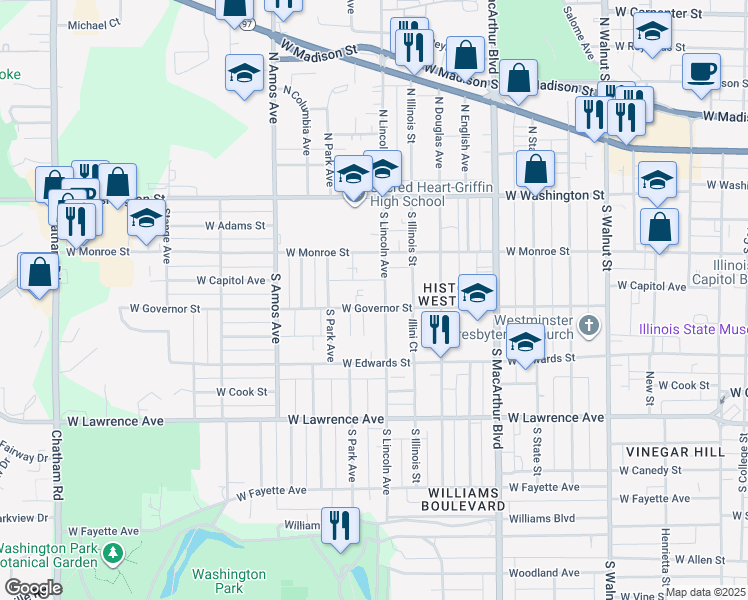 map of restaurants, bars, coffee shops, grocery stores, and more near 417-499 South Lincoln Avenue in Springfield