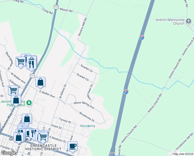 map of restaurants, bars, coffee shops, grocery stores, and more near 166 Field View Drive in Greencastle