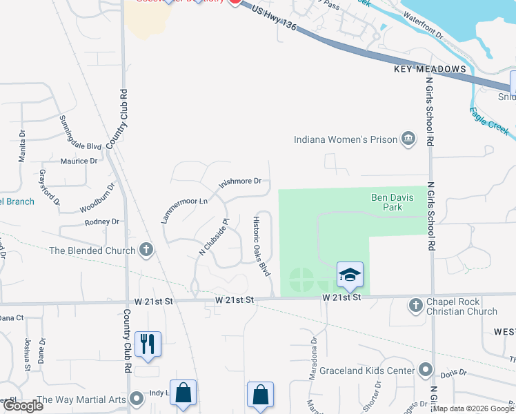 map of restaurants, bars, coffee shops, grocery stores, and more near 2336 Historic Oaks Boulevard in Indianapolis