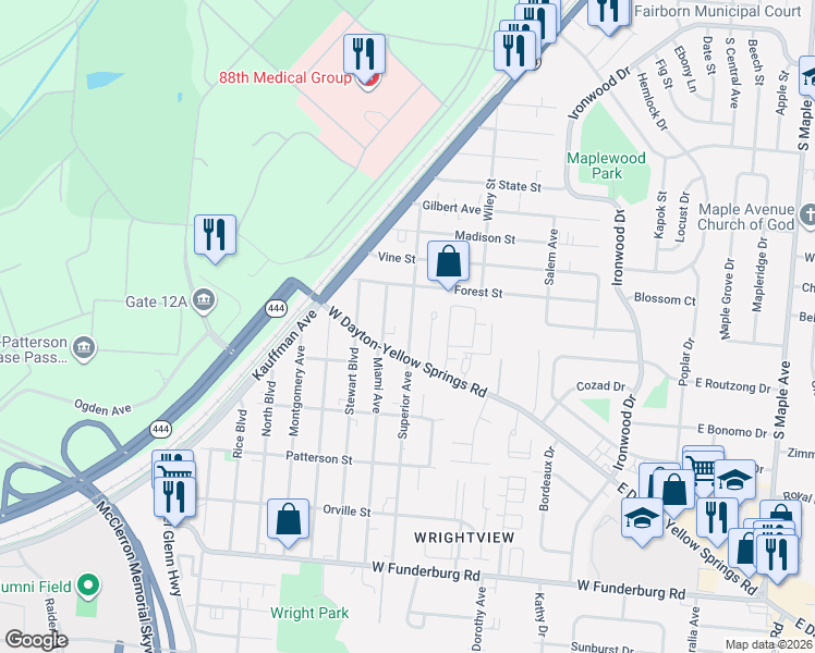 map of restaurants, bars, coffee shops, grocery stores, and more near 1544 Miami Avenue in Fairborn