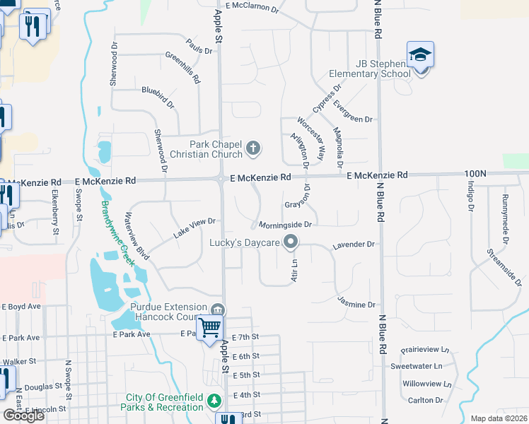 map of restaurants, bars, coffee shops, grocery stores, and more near 1125 Cricket Reel Drive in Greenfield