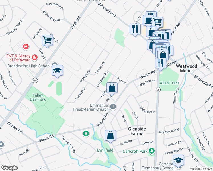 map of restaurants, bars, coffee shops, grocery stores, and more near 1109 Faun Road in Wilmington
