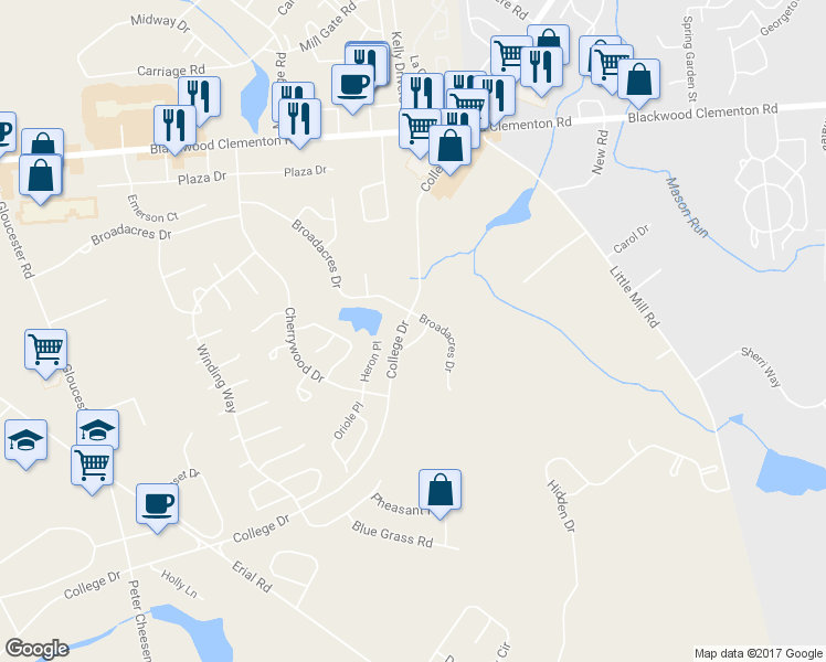 map of restaurants, bars, coffee shops, grocery stores, and more near 108 Villas Court in Clementon