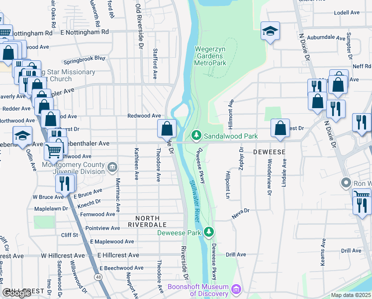map of restaurants, bars, coffee shops, grocery stores, and more near Still Water River Trail in Dayton
