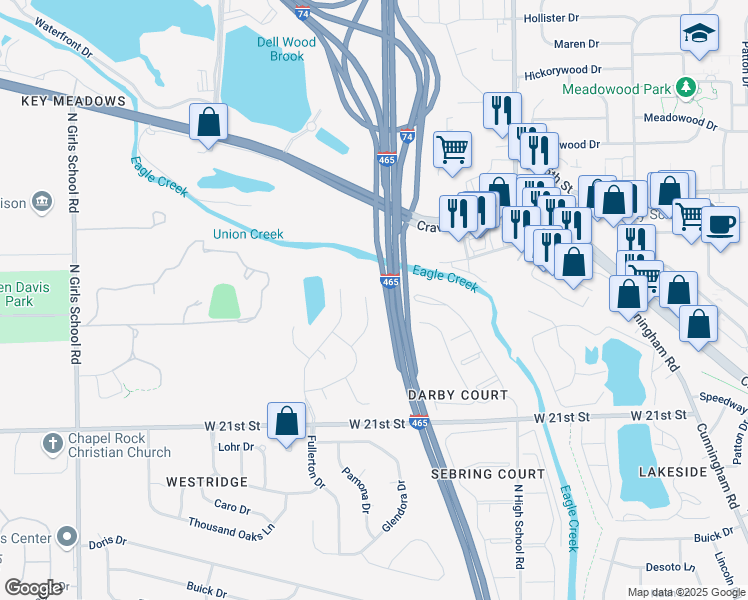 map of restaurants, bars, coffee shops, grocery stores, and more near 2341 Gradison Circle in Indianapolis
