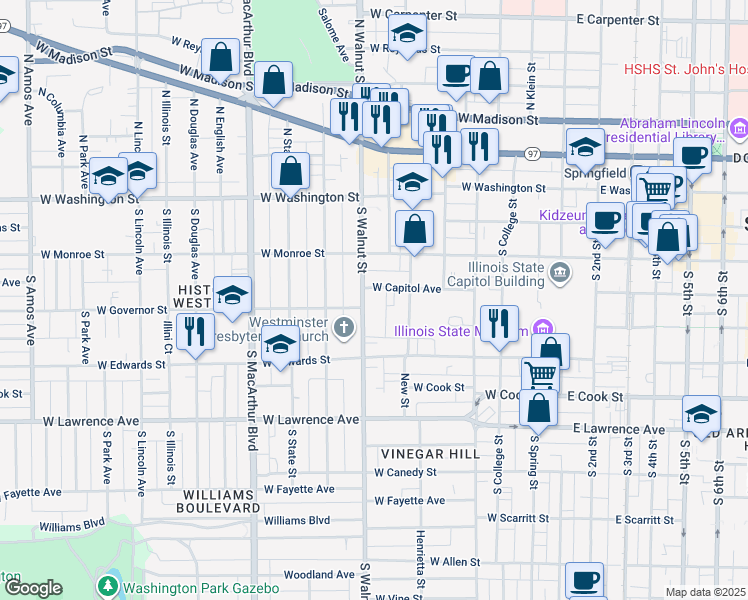 map of restaurants, bars, coffee shops, grocery stores, and more near 406 South Walnut Street in Springfield