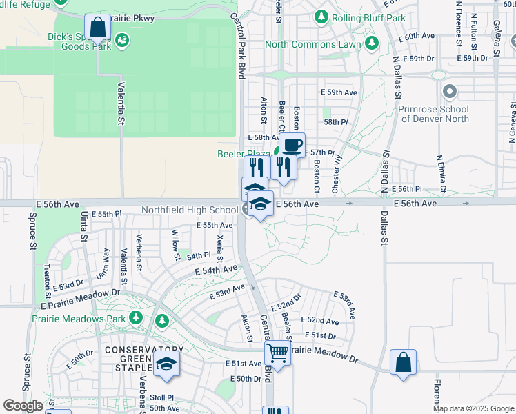 map of restaurants, bars, coffee shops, grocery stores, and more near 9028 East 56th Avenue in Denver