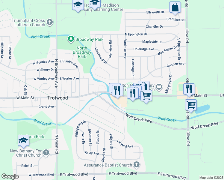 map of restaurants, bars, coffee shops, grocery stores, and more near 501 East Main Street in Trotwood