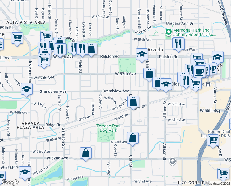 map of restaurants, bars, coffee shops, grocery stores, and more near 8510 Grandview Avenue in Arvada